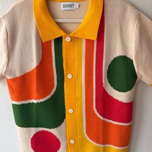 OXNIT Retro Knit Polo Shirt Medium Graphic Colorblock Short Sleeve